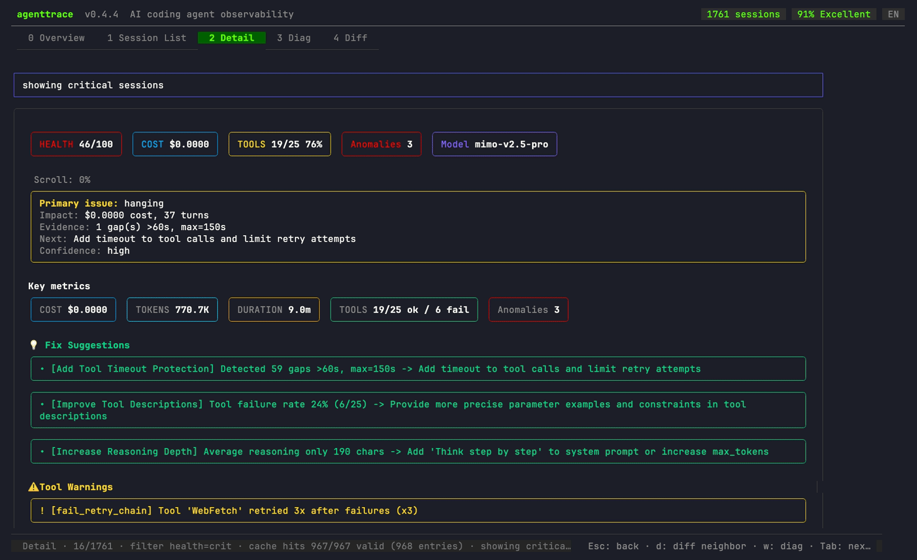 agenttrace detail view with primary issue, metrics, and fix suggestions